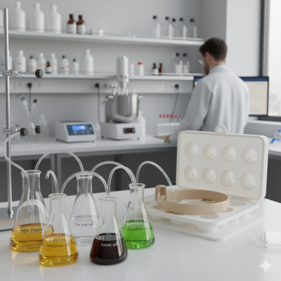 a laboratory setting showing natural plant-based oils and a silicone collar mold