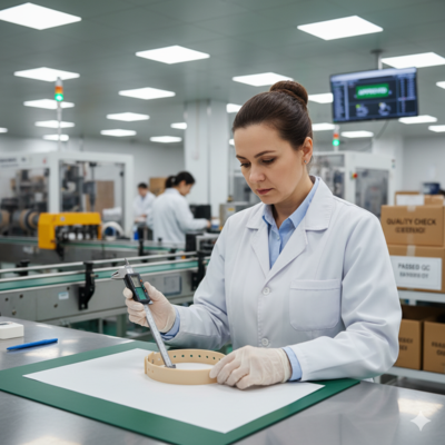 a quality control inspector examining a functional collar in a factory setting