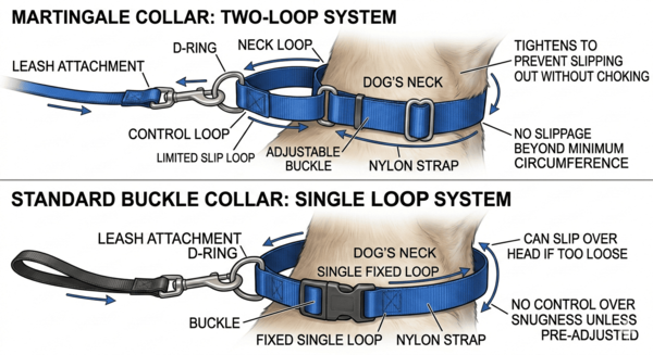 Diagram showing the two-loop system of a Martingale collar compared to a standard buckle collar
